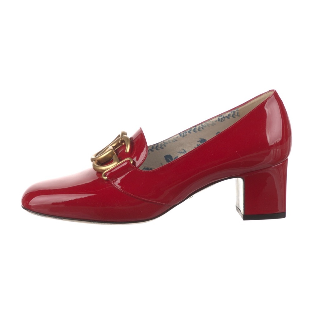 Gucci Patent Leather Double G Block Heel Pumps 7.5